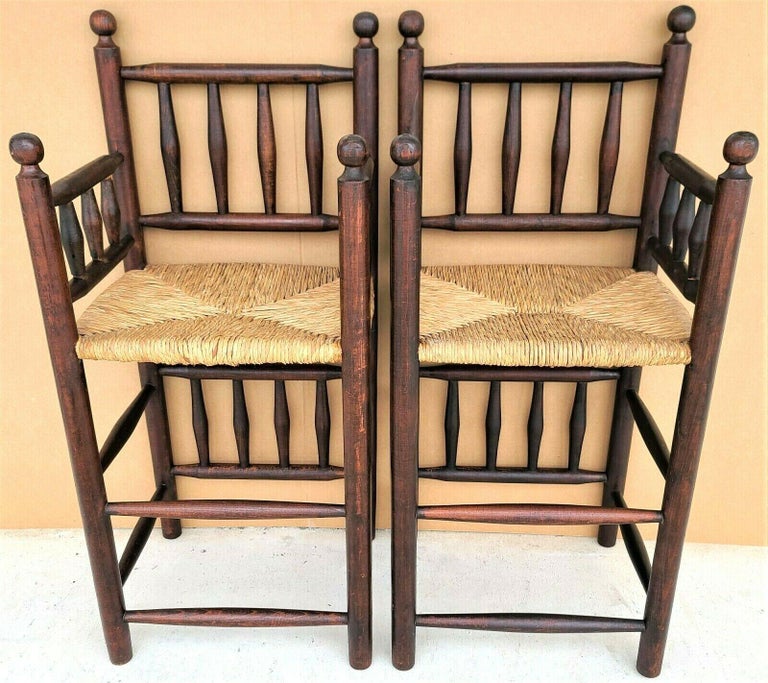 For FULL item description be sure to click on CONTINUE READING at the bottom of this listing.

Vintage French Country Rustic Cabin Lodge Solid Wood Rush Seat Bar Stools - Set of 2

Approximate Measurements in Inches
46