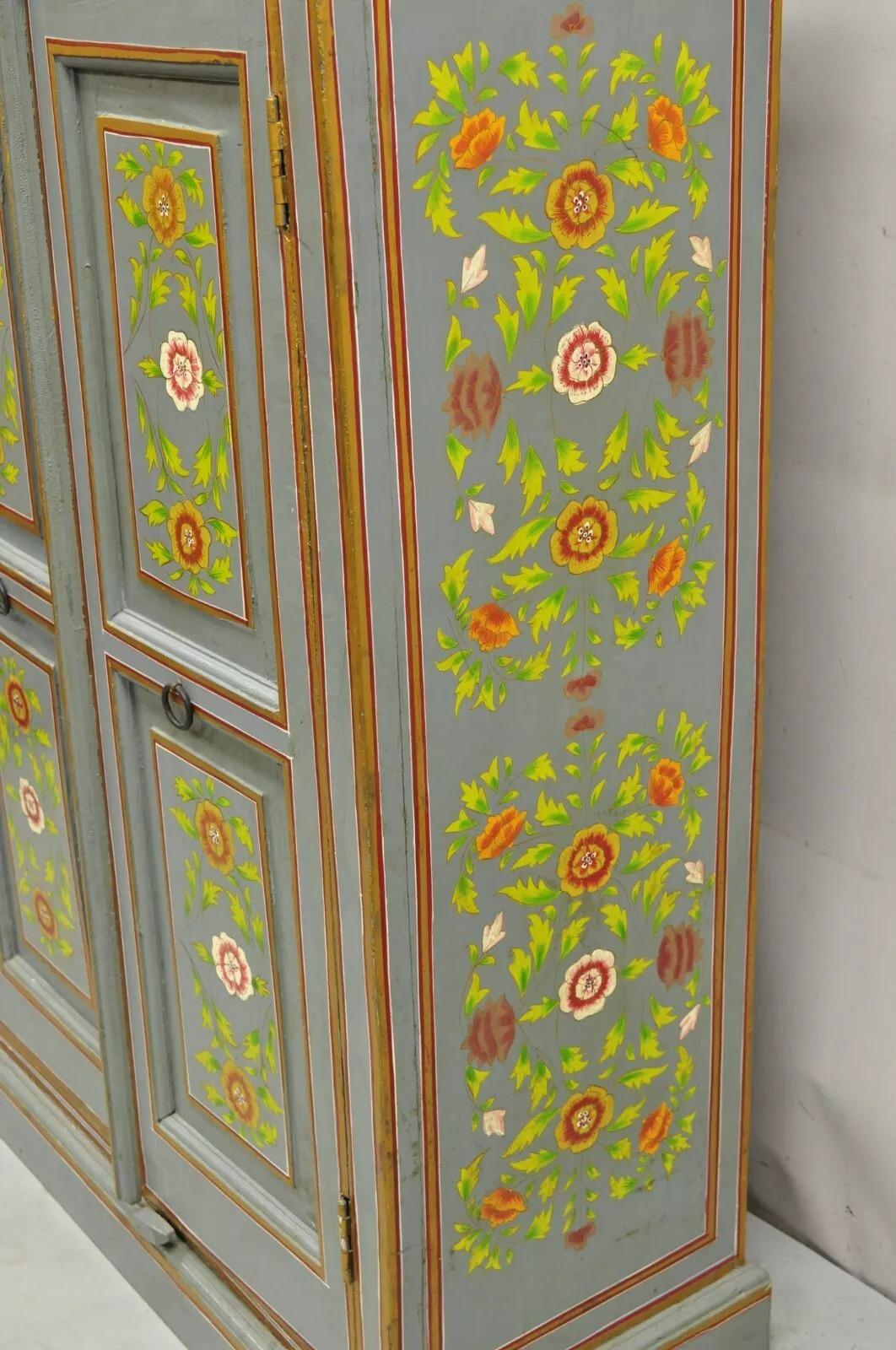 Vintage French Country Style Blue Painted Floral Wooden 2 Door Cupboard Cabinet For Sale 4