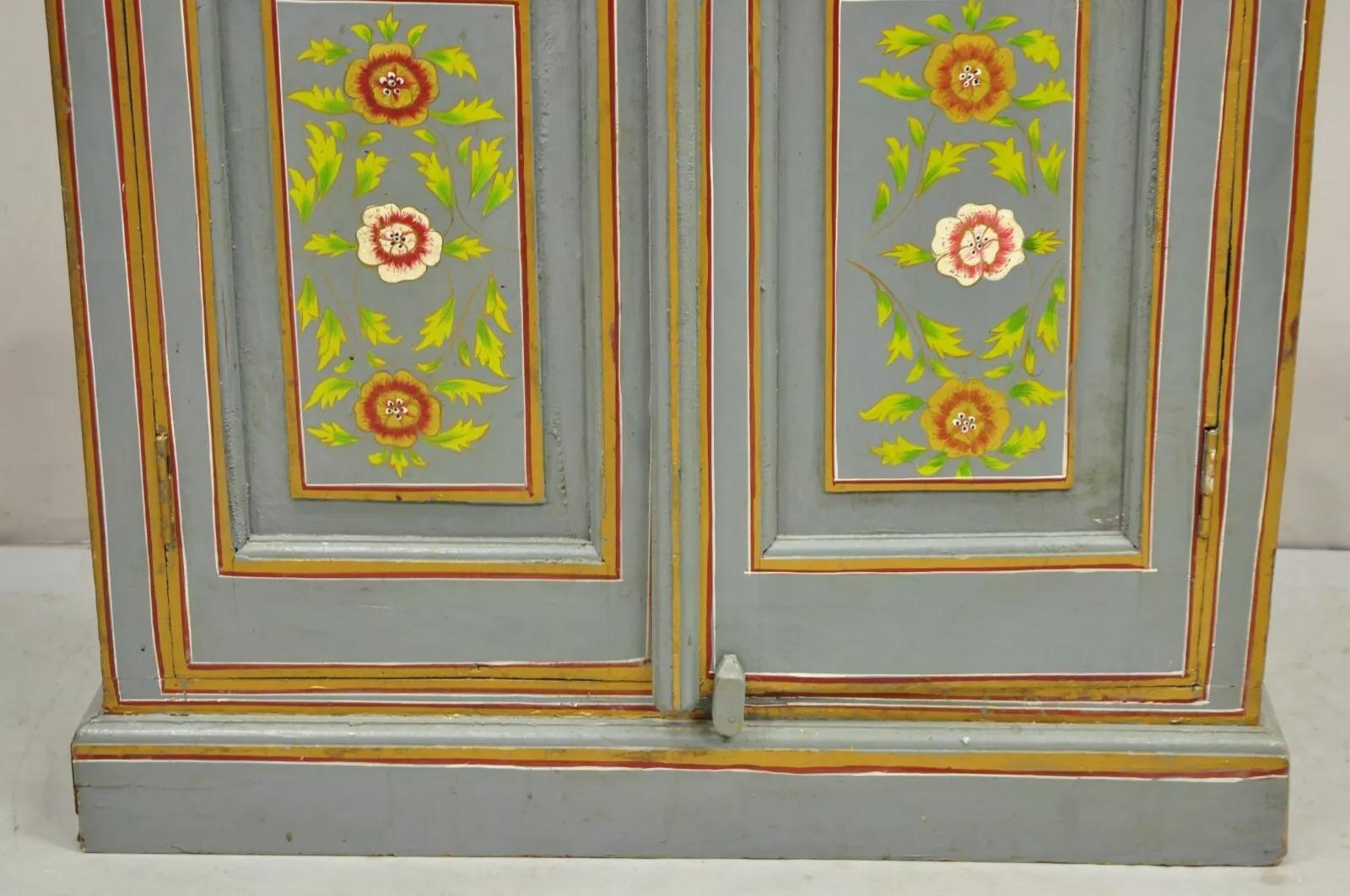 Vintage French Country Style Blue Painted Floral Wooden 2 Door Cupboard Cabinet For Sale 5
