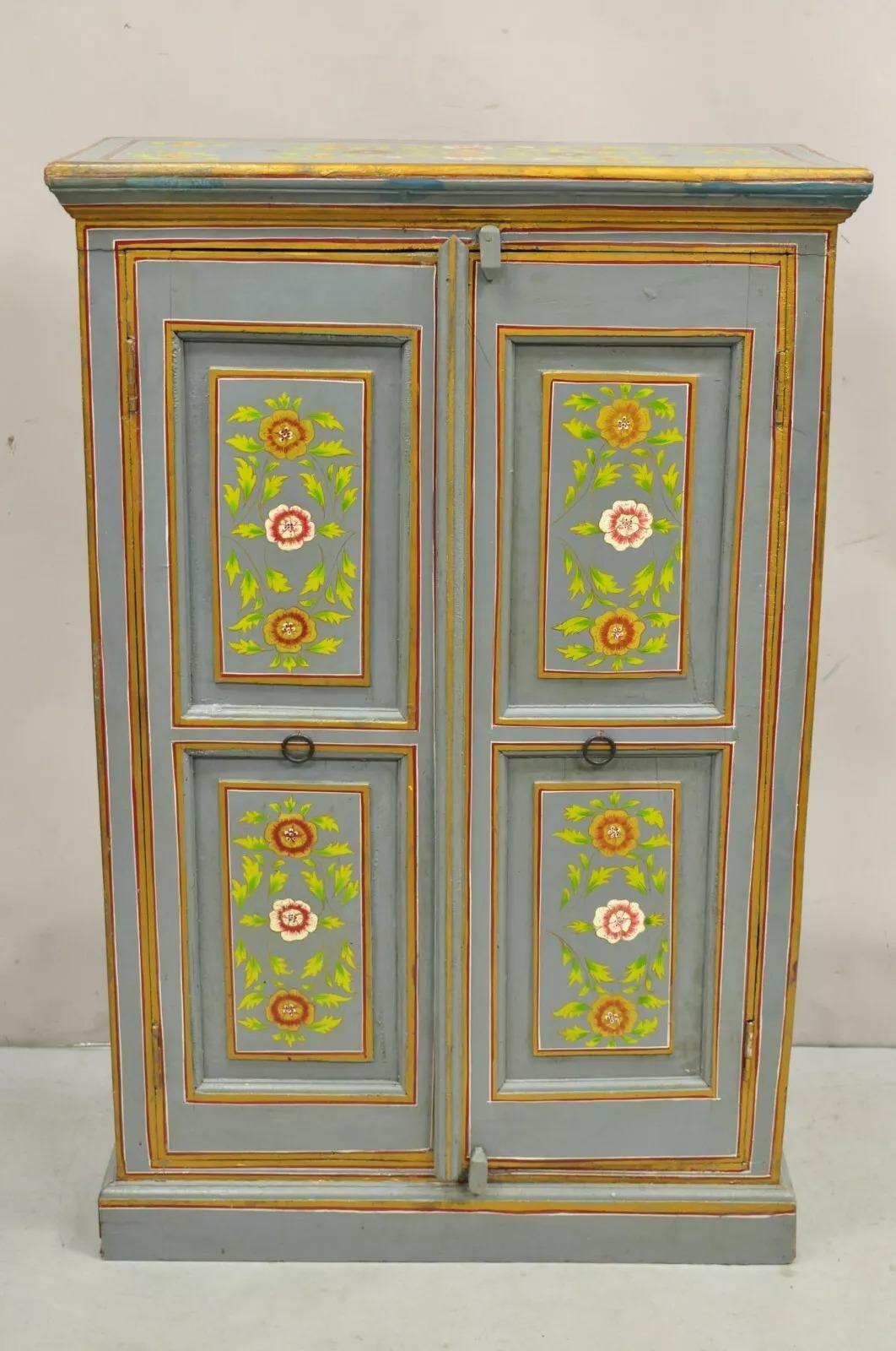 Vintage French Country Style Blue Painted Floral Wooden 2 Door Cupboard Cabinet For Sale 6