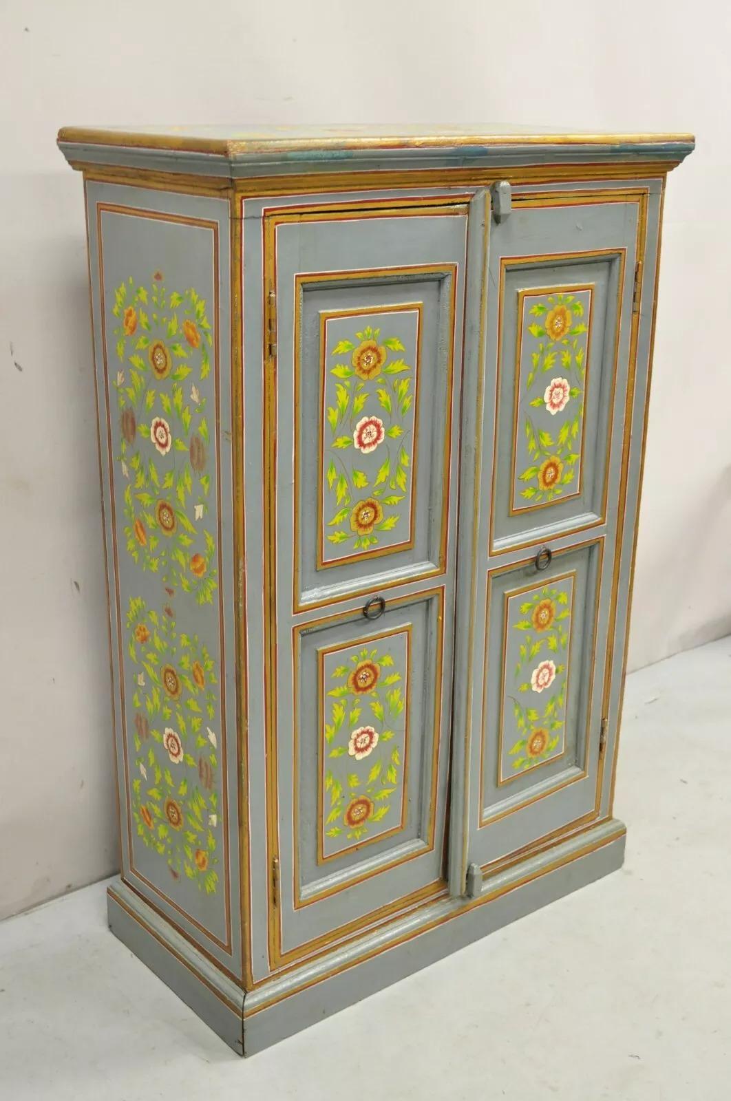 Vintage French Country Style Blue and Floral Distress Painted Wooden 2 Door Cupboard Cabinet. Circa Late 20th Century. Measurements: 48.5