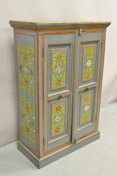 Vintage French Country Style Blue Painted Floral Wooden 2 Door Cupboard Cabinet