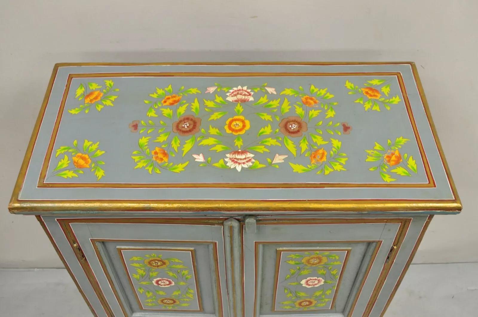 Other Vintage French Country Style Blue Painted Floral Wooden 2 Door Cupboard Cabinet For Sale