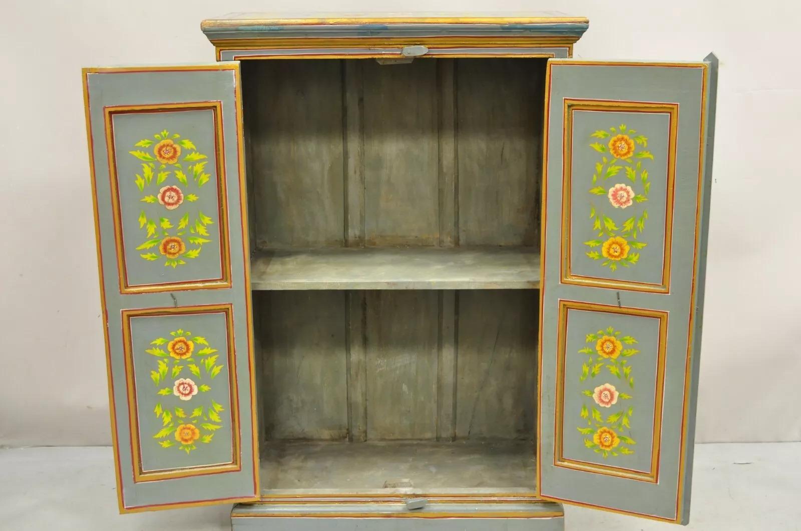 Unknown Vintage French Country Style Blue Painted Floral Wooden 2 Door Cupboard Cabinet For Sale