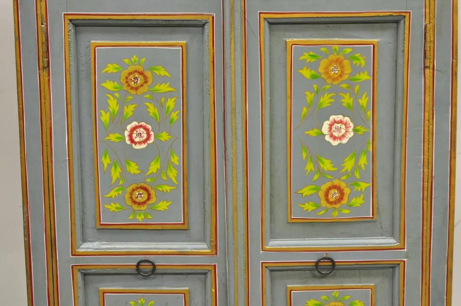 Vintage French Country Style Blue Painted Floral Wooden 2 Door Cupboard Cabinet In Good Condition For Sale In Philadelphia, PA