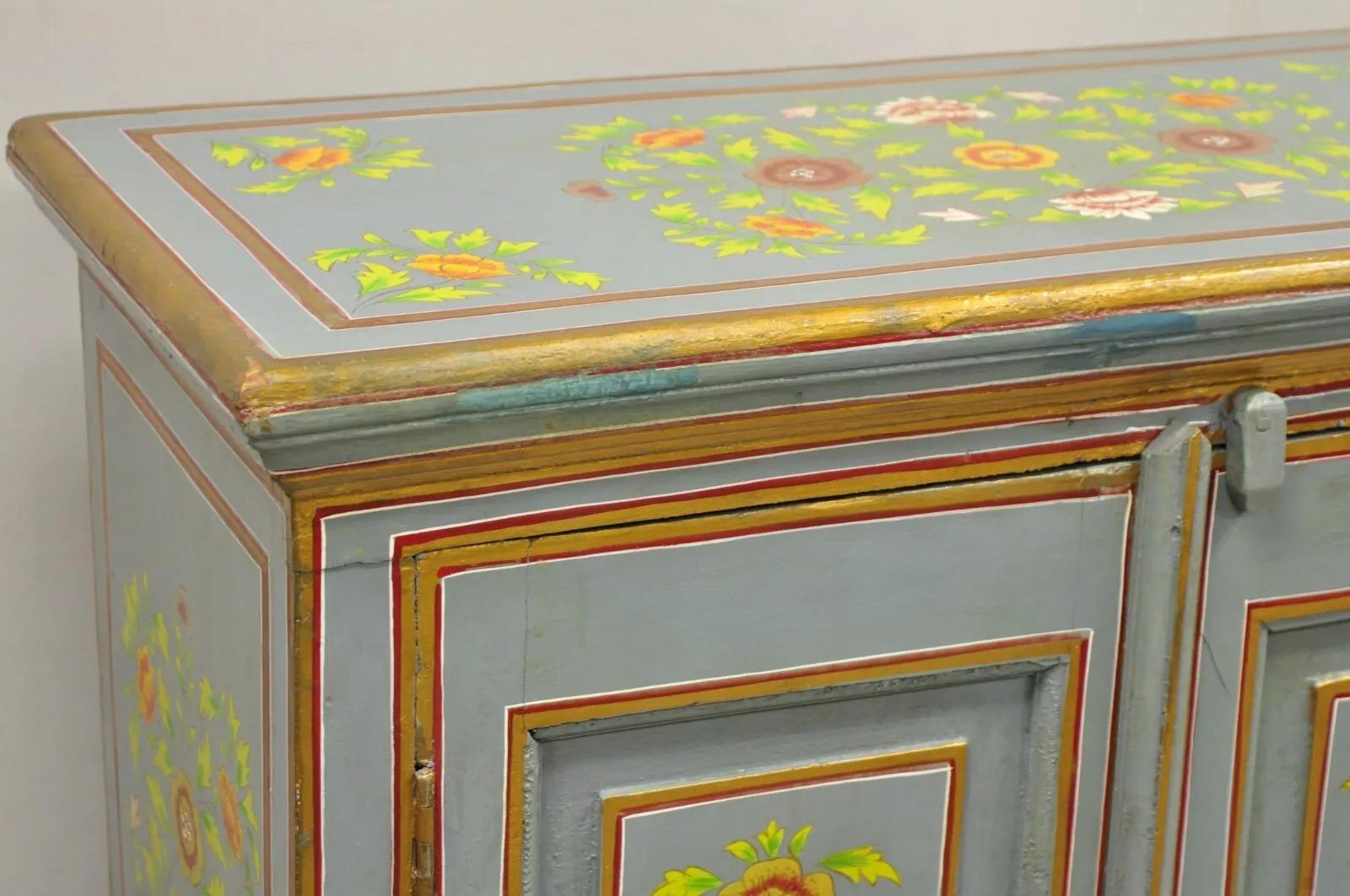 20th Century Vintage French Country Style Blue Painted Floral Wooden 2 Door Cupboard Cabinet For Sale