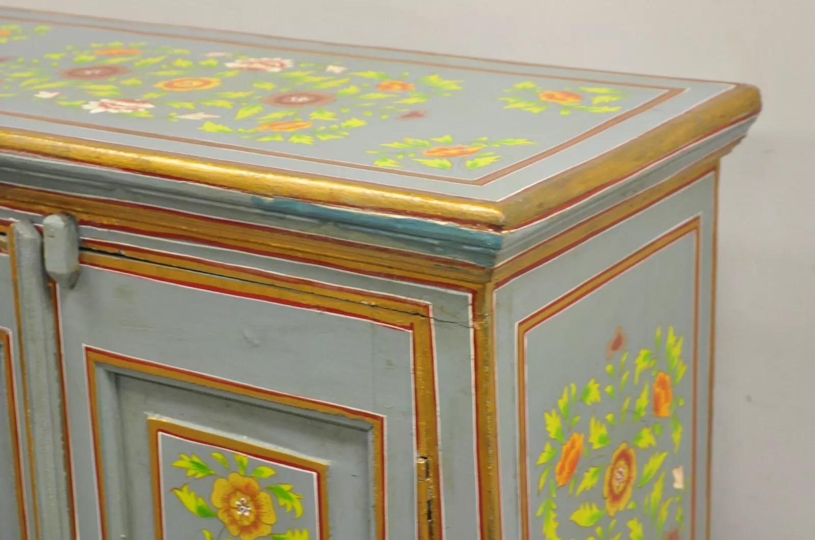 Vintage French Country Style Blue Painted Floral Wooden 2 Door Cupboard Cabinet For Sale 1