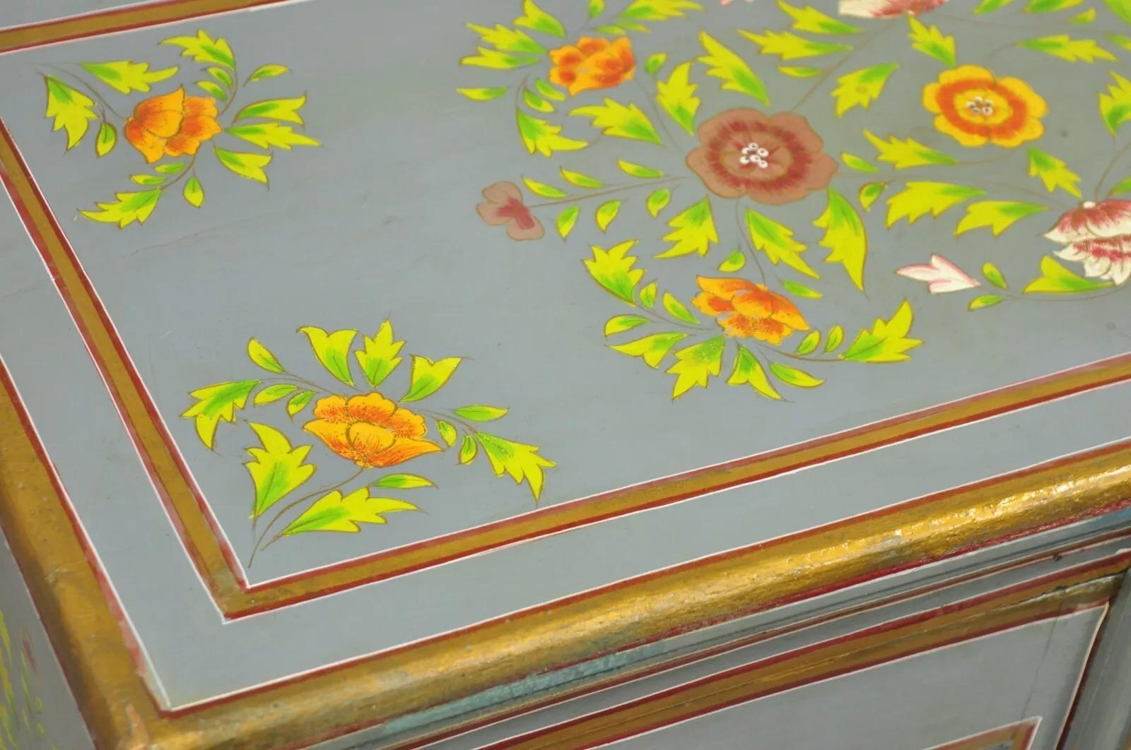 Vintage French Country Style Blue Painted Floral Wooden 2 Door Cupboard Cabinet For Sale 2