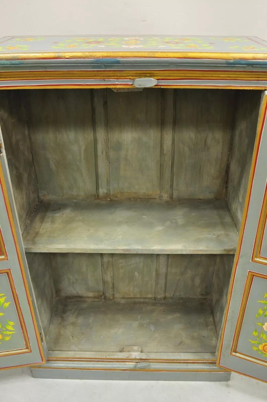 Vintage French Country Style Blue Painted Floral Wooden 2 Door Cupboard Cabinet For Sale 3