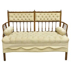 Vintage French Country Style Carved Wood Spindle Upholstered Settee Sofa