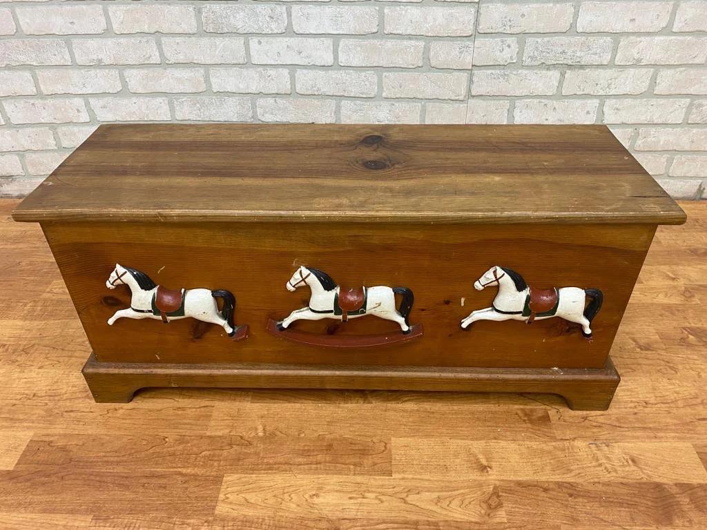 Vintage French Country Style Artisan Crafted Cedar Rocking Horse Farmhouse Storage Chest

This vintage French country style artisan-crafted cedar rocking horse serves as both a charming decorative piece and a functional storage solution. Designed
