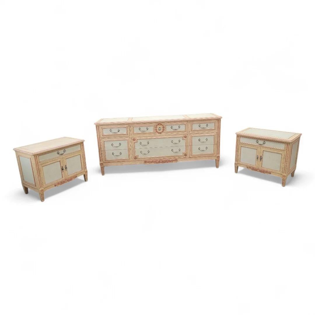 Mid-Century Modern Vintage French Country Style Hand Painted 9 Drawer Dresser By Baker Furniture Co For Sale