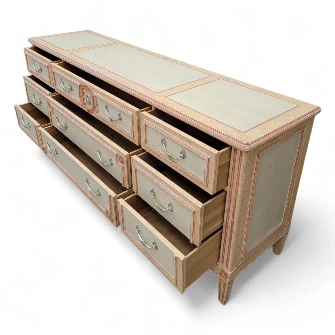 Vintage French Country Style Hand Painted 9 Drawer Dresser By Baker Furniture Co In Good Condition For Sale In Chicago, IL