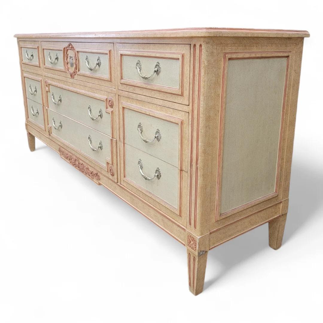 20th Century Vintage French Country Style Hand Painted 9 Drawer Dresser By Baker Furniture Co For Sale