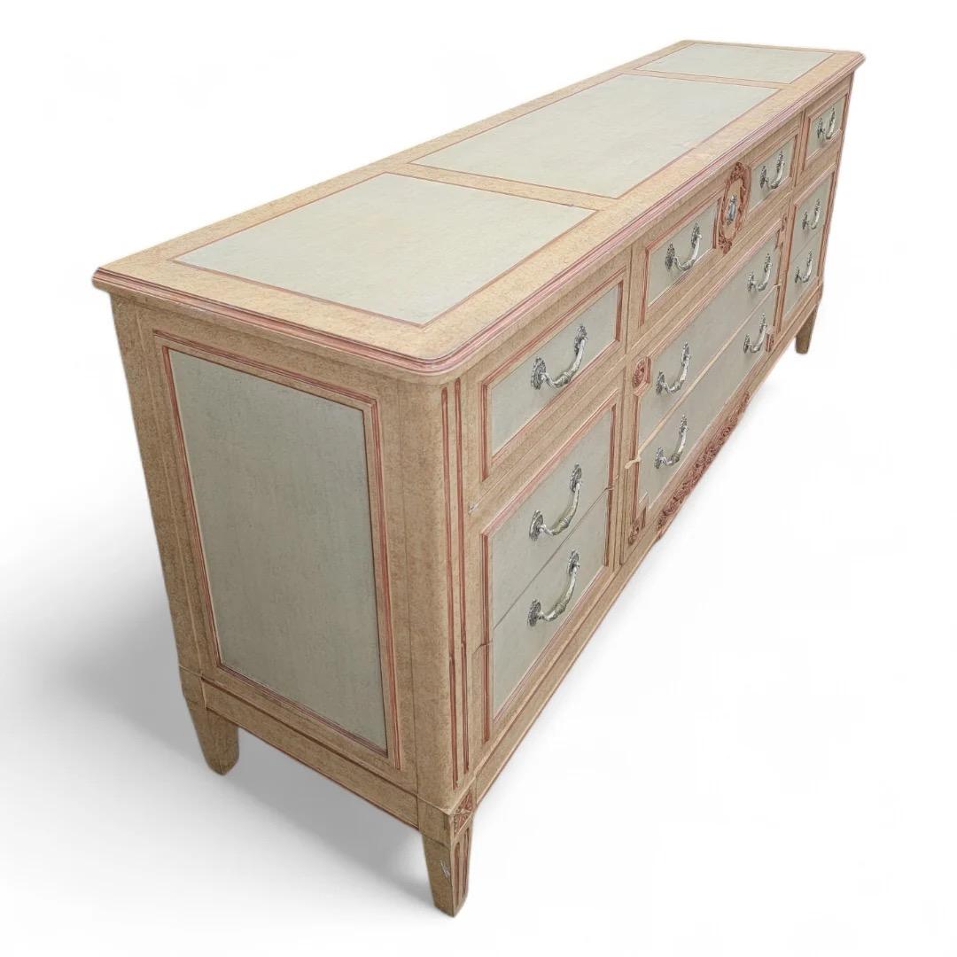 Wood Vintage French Country Style Hand Painted 9 Drawer Dresser By Baker Furniture Co For Sale