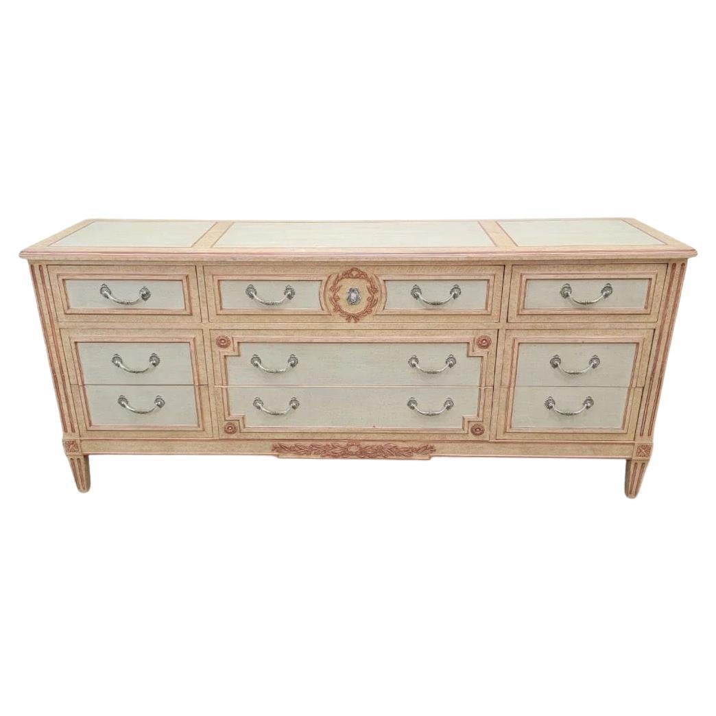 Vintage French Country Style Hand Painted 9 Drawer Dresser By Baker Furniture Co
