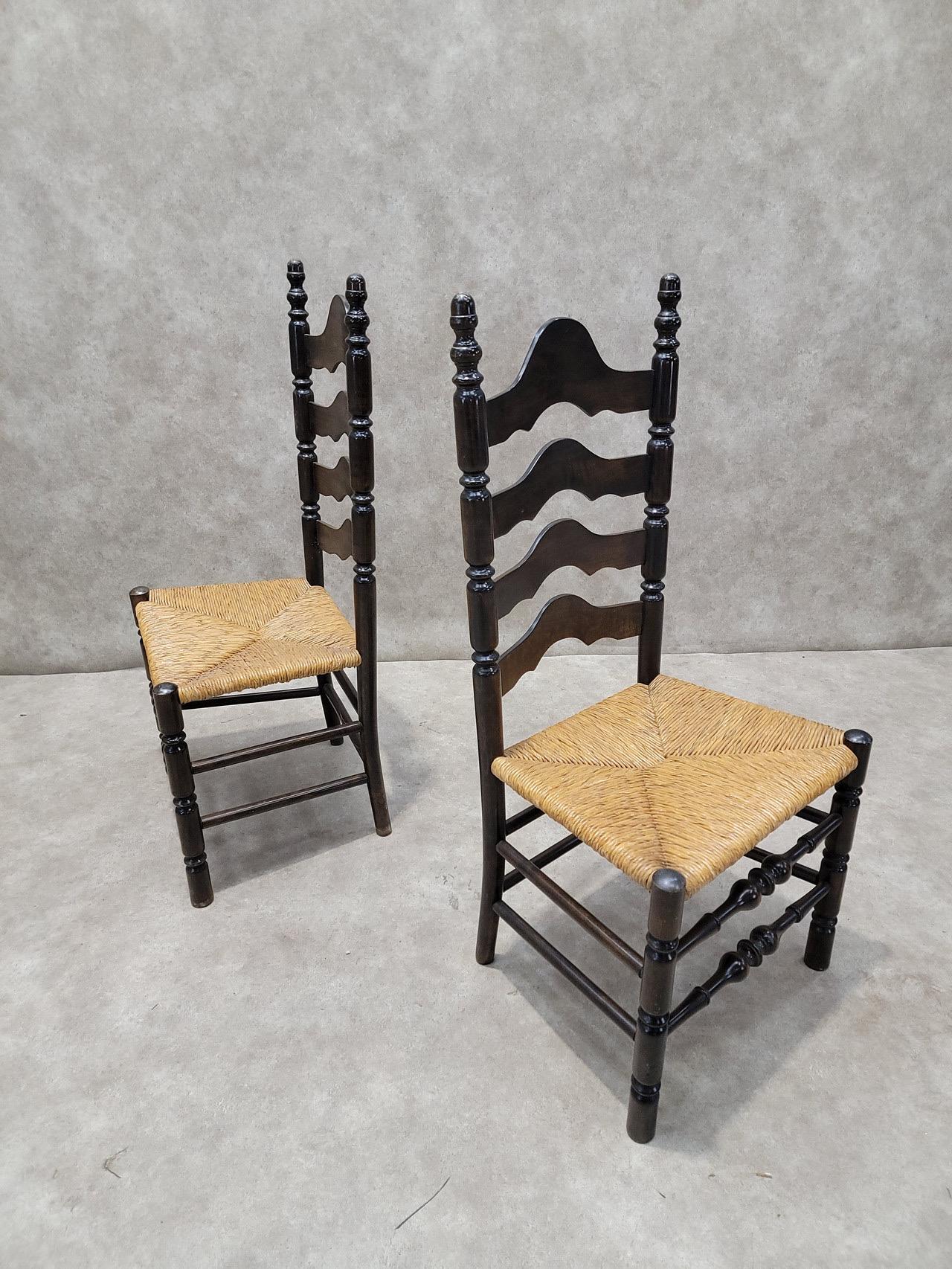 Vintage French Country Style Ladder Back Rush Seat Side Chairs - Pair

This pair of vintage French country style ladder back side chairs features elegantly designed high seat backs made from darkened wood slats, offering both durability and