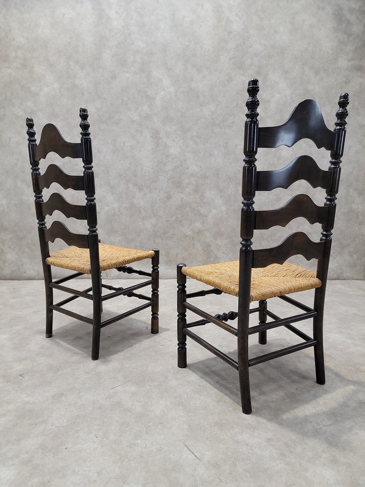 American Vintage French Country Style Ladder Back Rush Seat Side Chairs - Pair For Sale