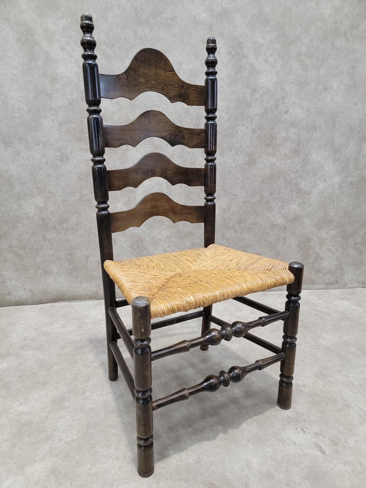 20th Century Vintage French Country Style Ladder Back Rush Seat Side Chairs - Pair For Sale