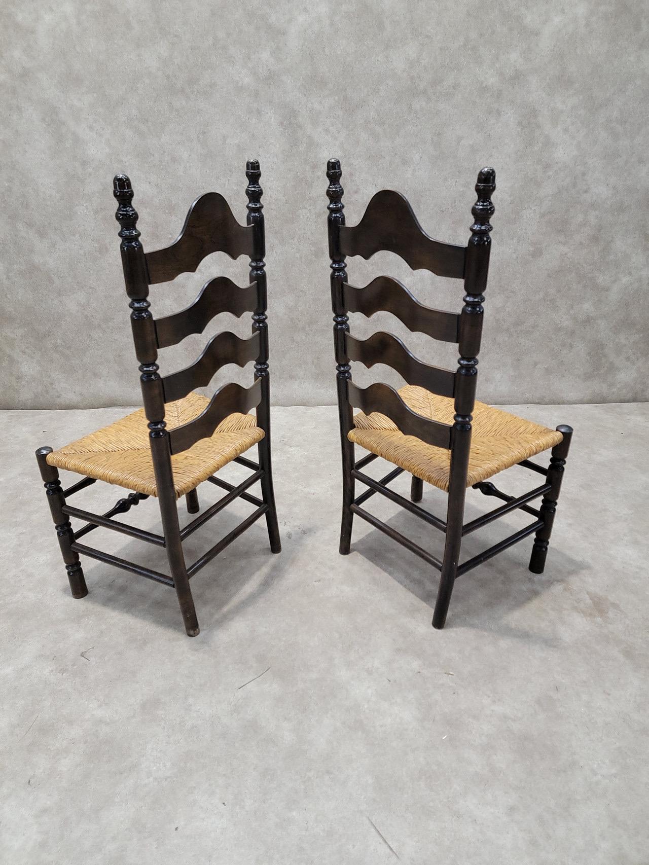 Vintage French Country Style Ladder Back Rush Seat Side Chairs - Pair For Sale 1