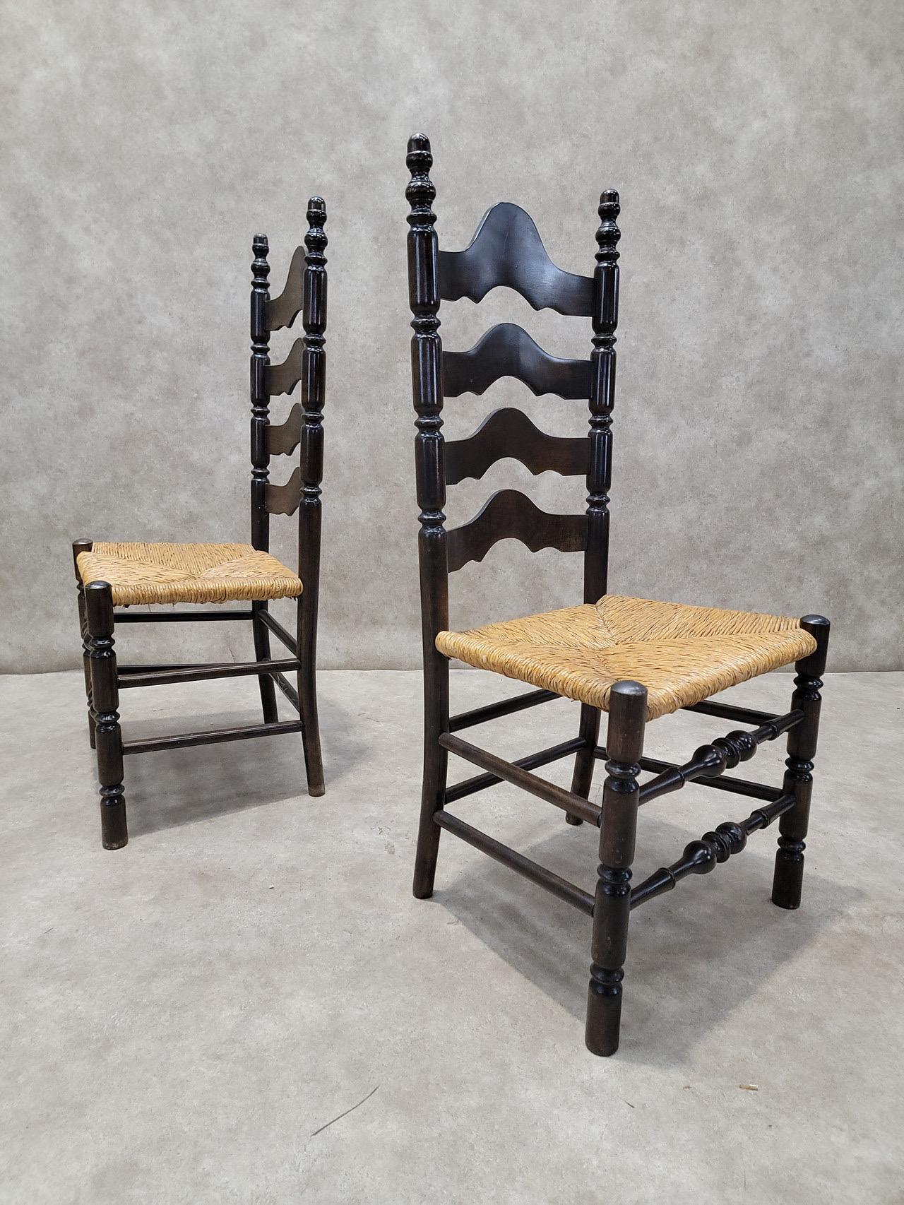 Vintage French Country Style Ladder Back Rush Seat Side Chairs - Pair For Sale 2