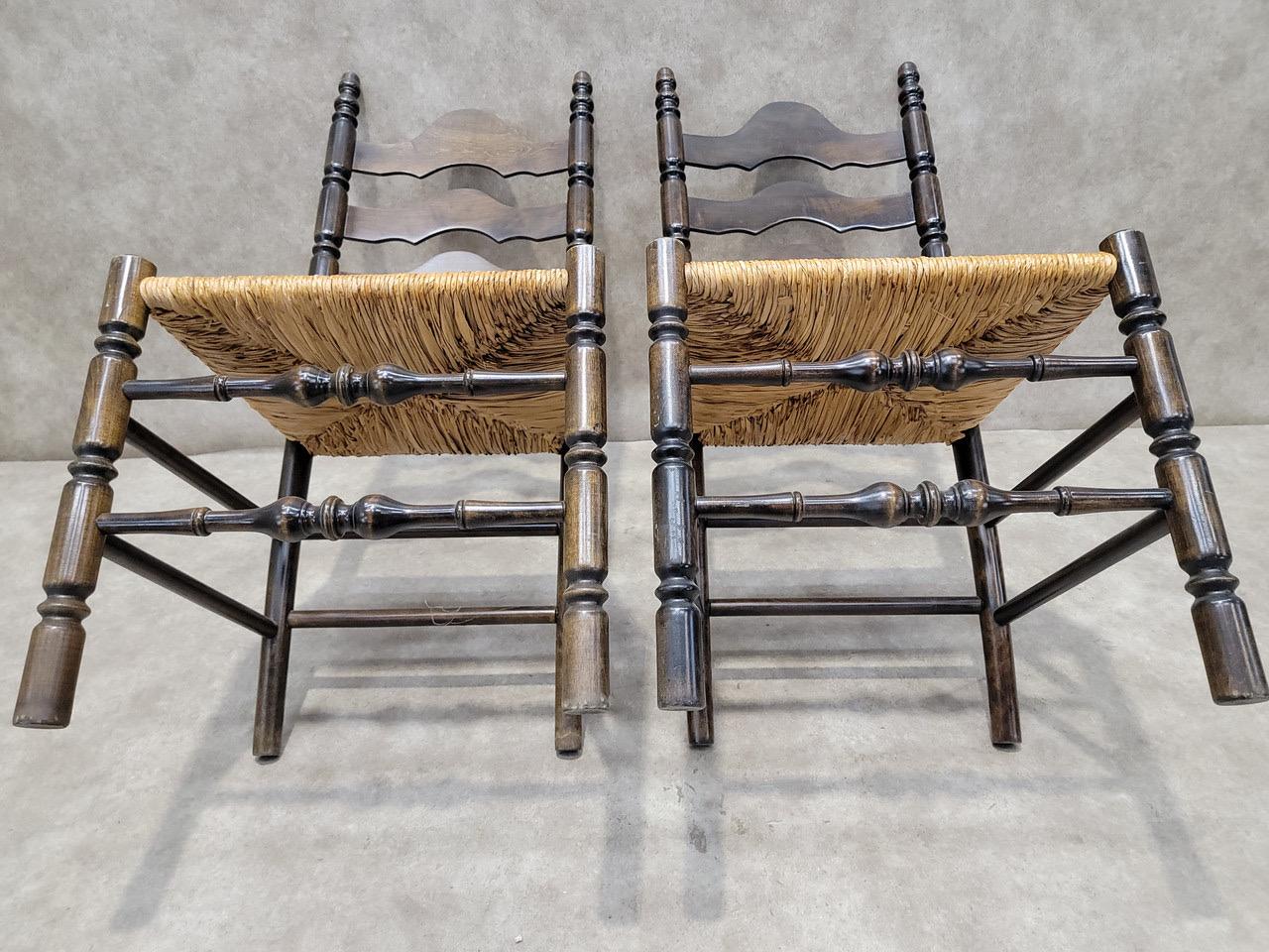 Vintage French Country Style Ladder Back Rush Seat Side Chairs - Pair For Sale 3