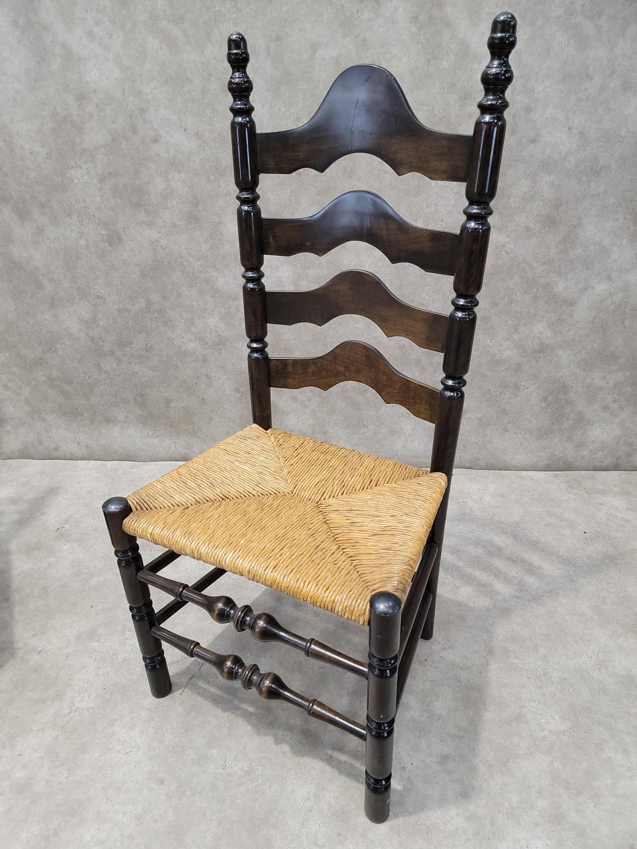 Vintage French Country Style Ladder Back Rush Seat Side Chairs - Pair For Sale 4