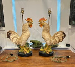 Vintage French country style large hand painted pottery rooster lamps