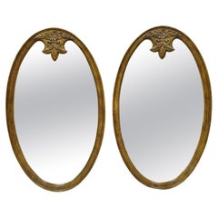 Vintage French Country Style Provincial Oval Wood Frame Wall Mirrors, a Pair