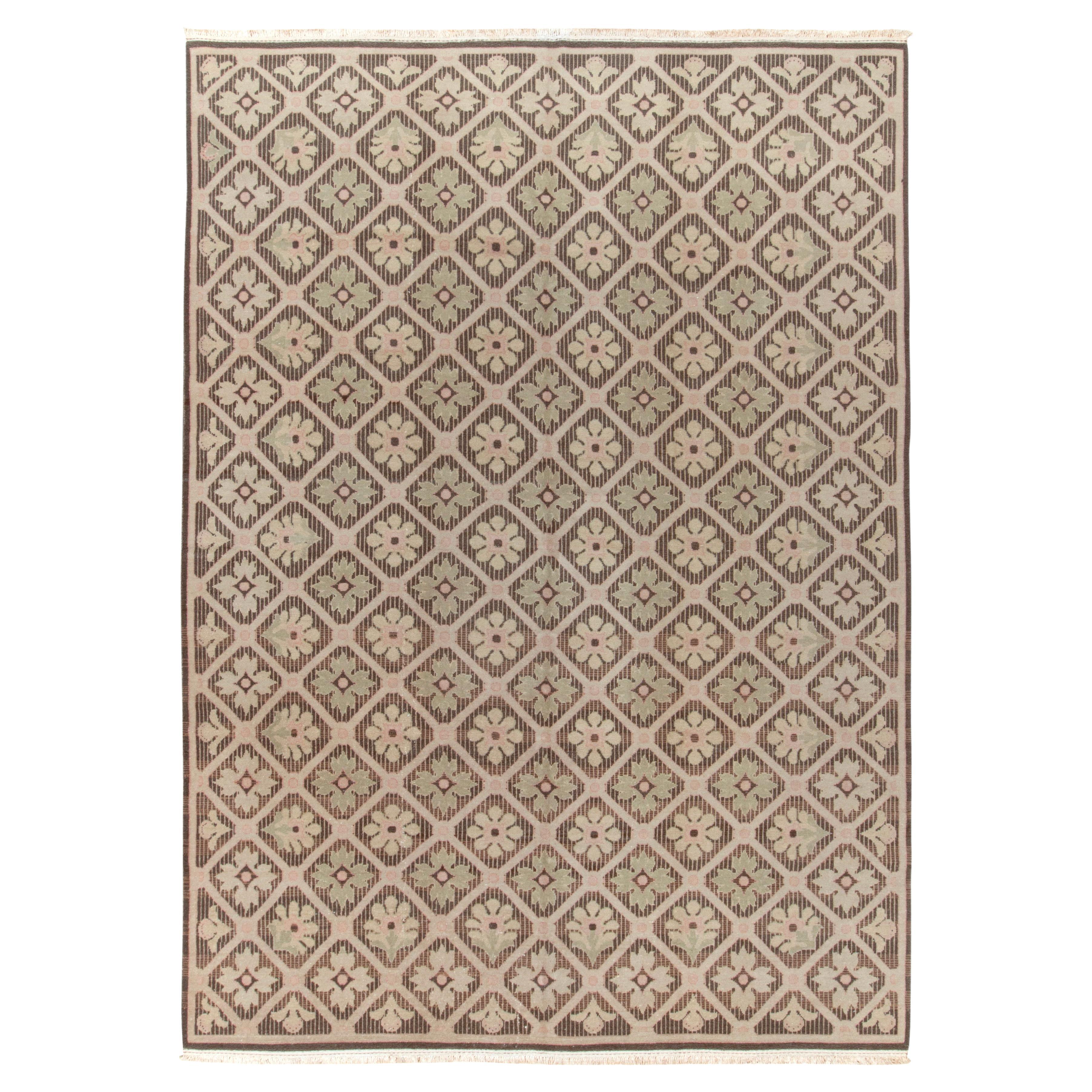 Vintage French Country Style Rug in Beige-Brown Floral Pattern by Rug & Kilim