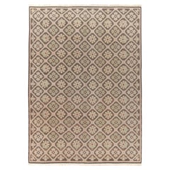 Vintage French Country Style Rug in Beige-Brown, Pink, Green Floral Pattern