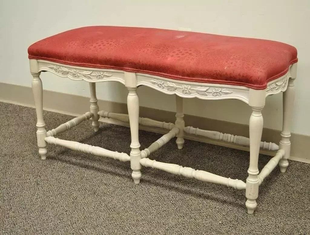 Vintage French Country Style White Carved Wood 6 Leg Upholstered Window Bench For Sale 3