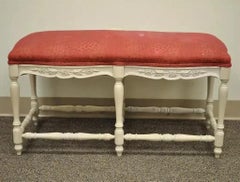 Vintage French Country Style White Carved Wood 6 Leg Upholstered Window Bench
