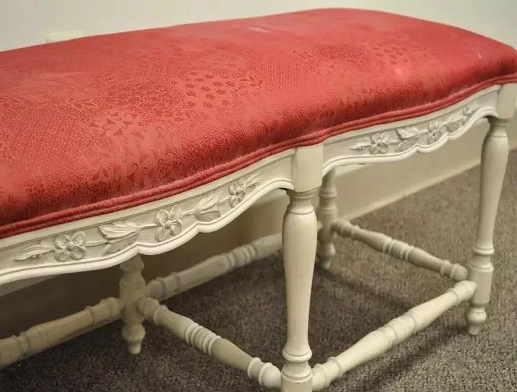 Unknown Vintage French Country Style White Carved Wood 6 Leg Upholstered Window Bench For Sale