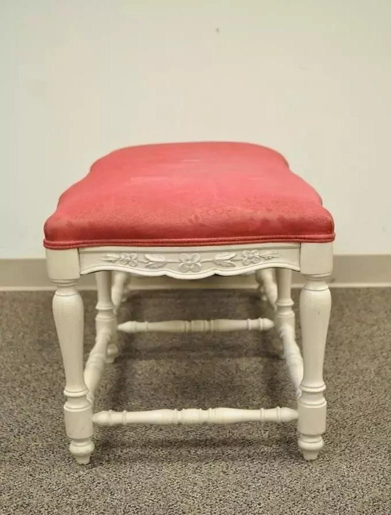 20th Century Vintage French Country Style White Carved Wood 6 Leg Upholstered Window Bench For Sale