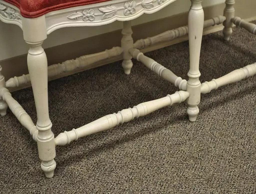 Fabric Vintage French Country Style White Carved Wood 6 Leg Upholstered Window Bench For Sale