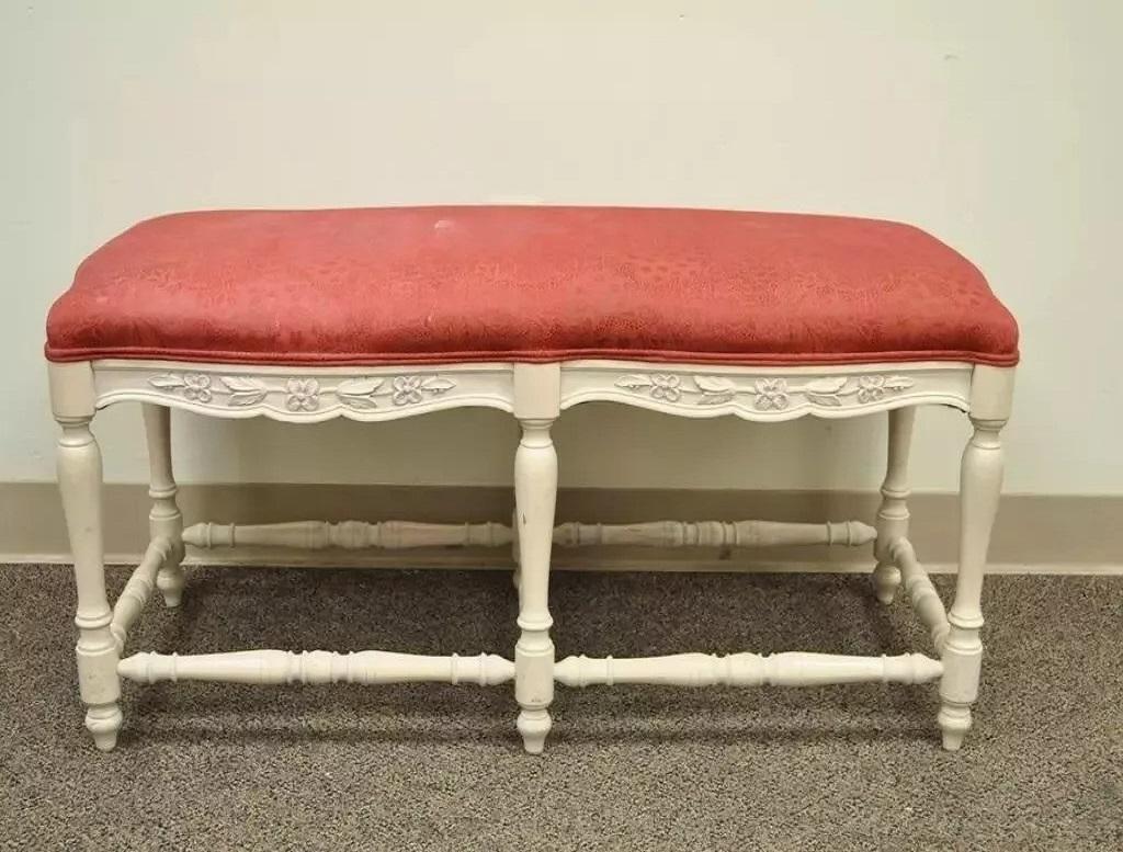 Vintage French Country Style White Carved Wood 6 Leg Upholstered Window Bench For Sale 2