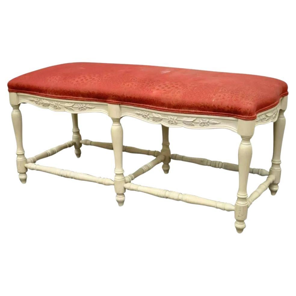 Vintage French Country Style White Carved Wood 6 Leg Upholstered Window Bench