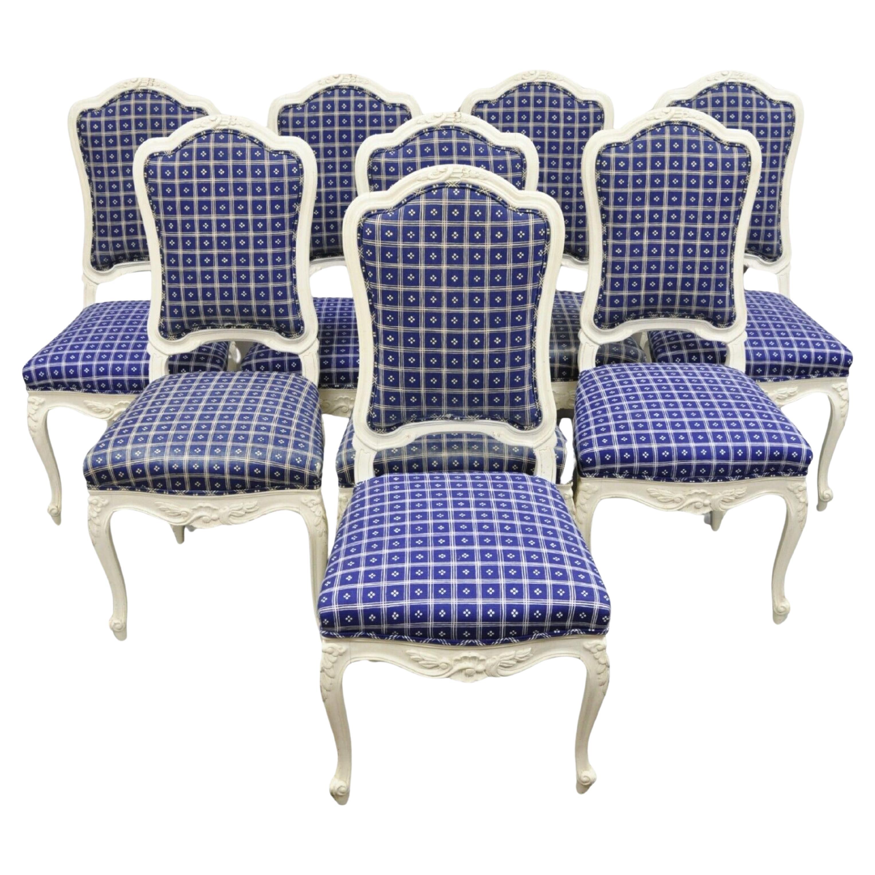 Chaises de salle à manger vintage de style campagnard français en bois sculpté peint en blanc - lot de 8