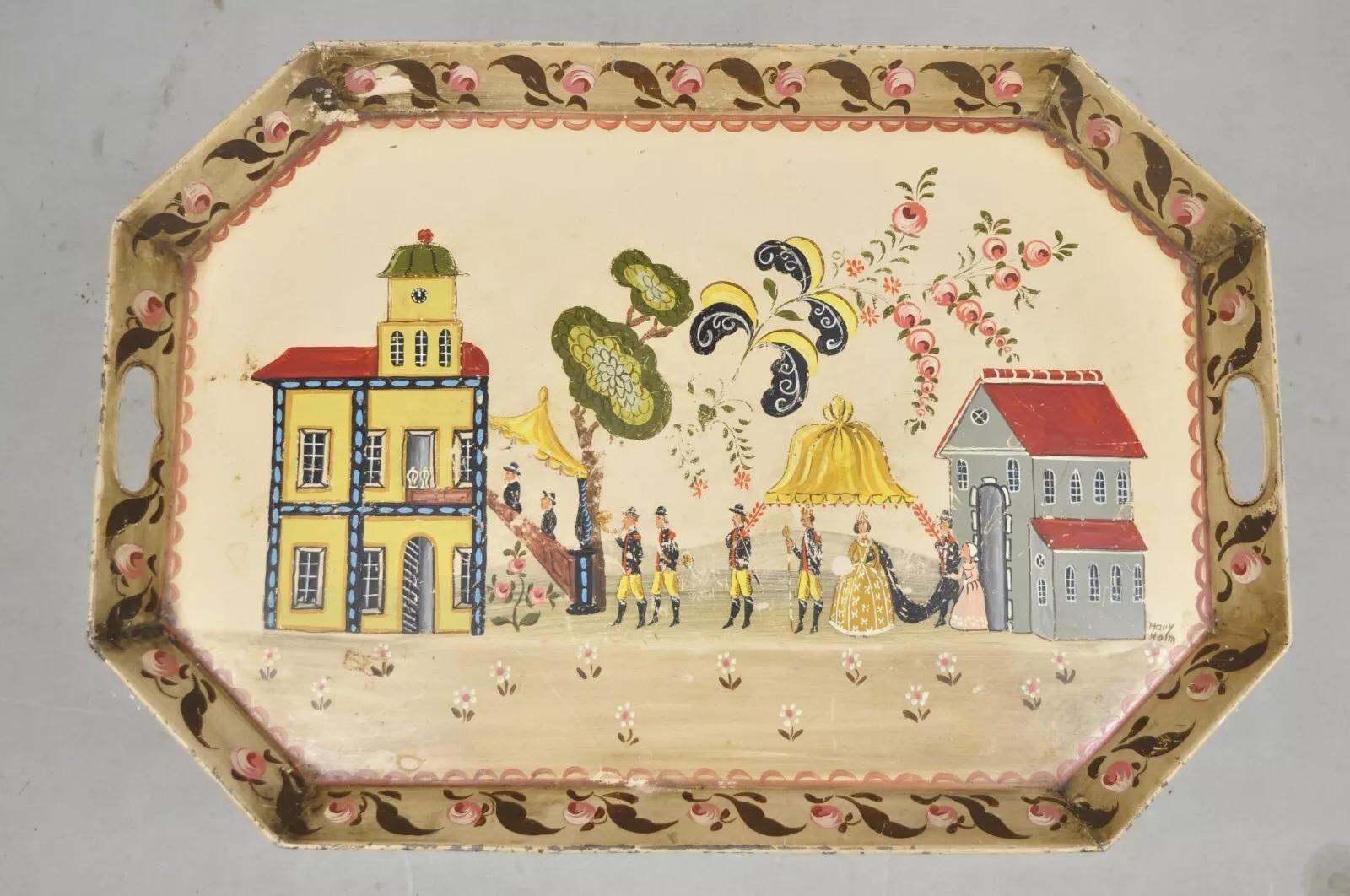 Vintage French Country Tole Metal Hand Painted Serving Platter Butler's Tray For Sale 6