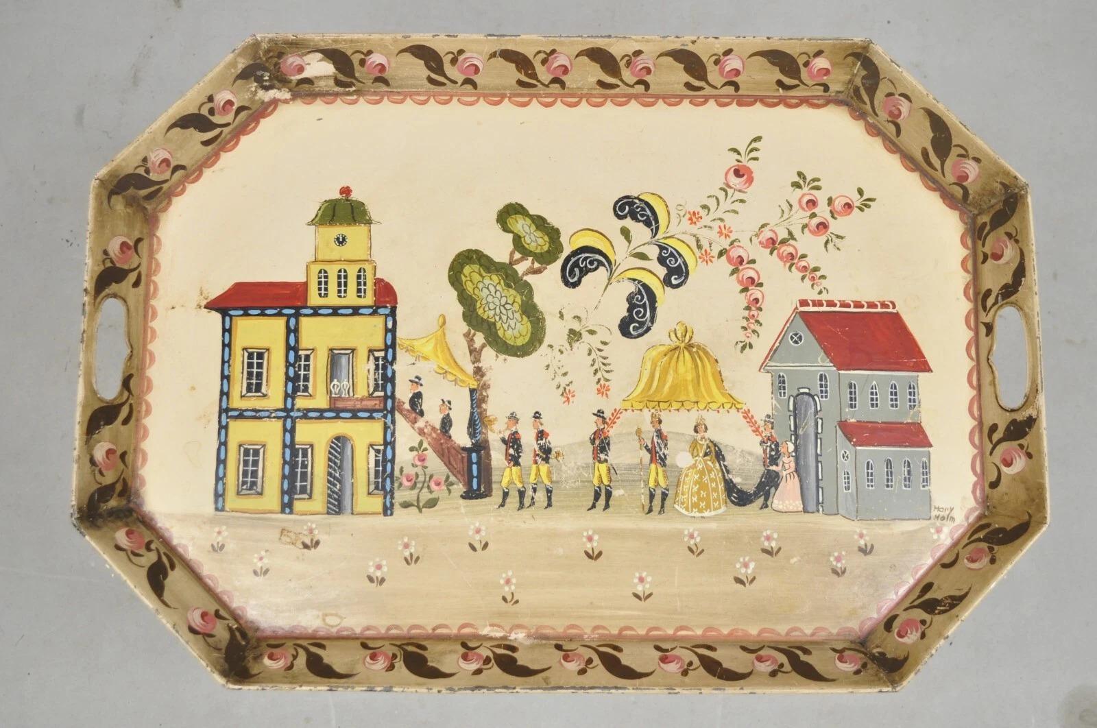 Vintage French Country Tole Metal Hand Painted Serving Platter Butler's Tray en vente 5