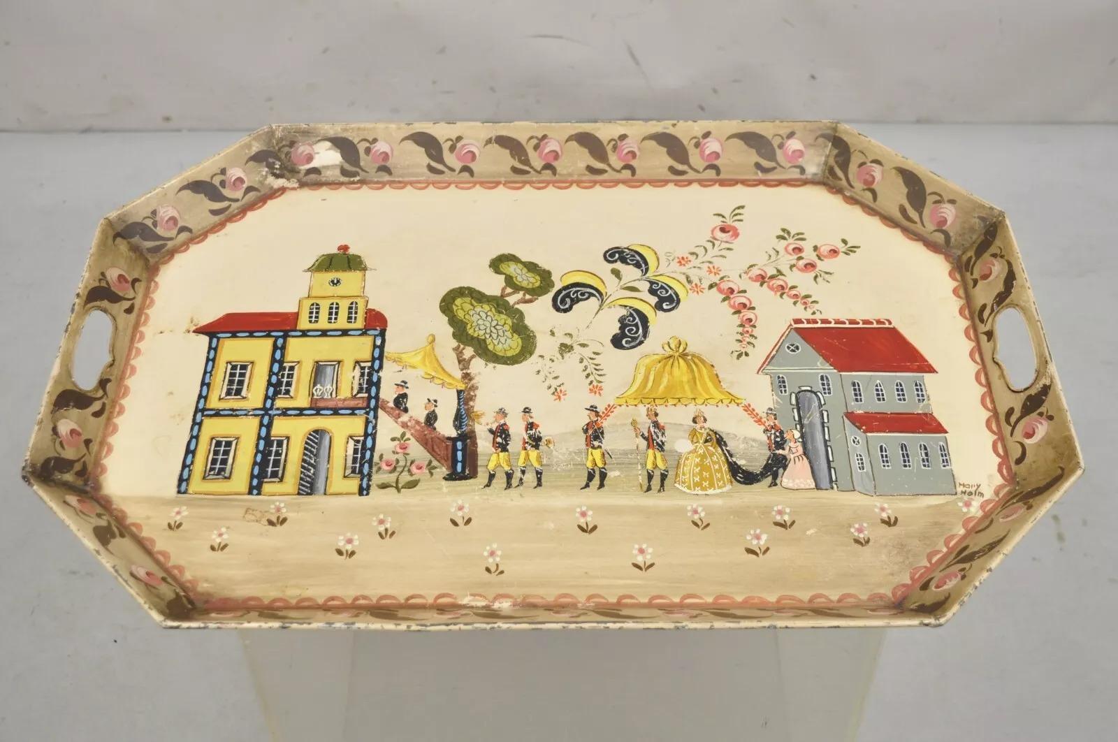Vintage French Country Tole Metal Hand Painted Serving Platter Butler's Tray. Circa Mid 20th Century. Measurements: 1.5