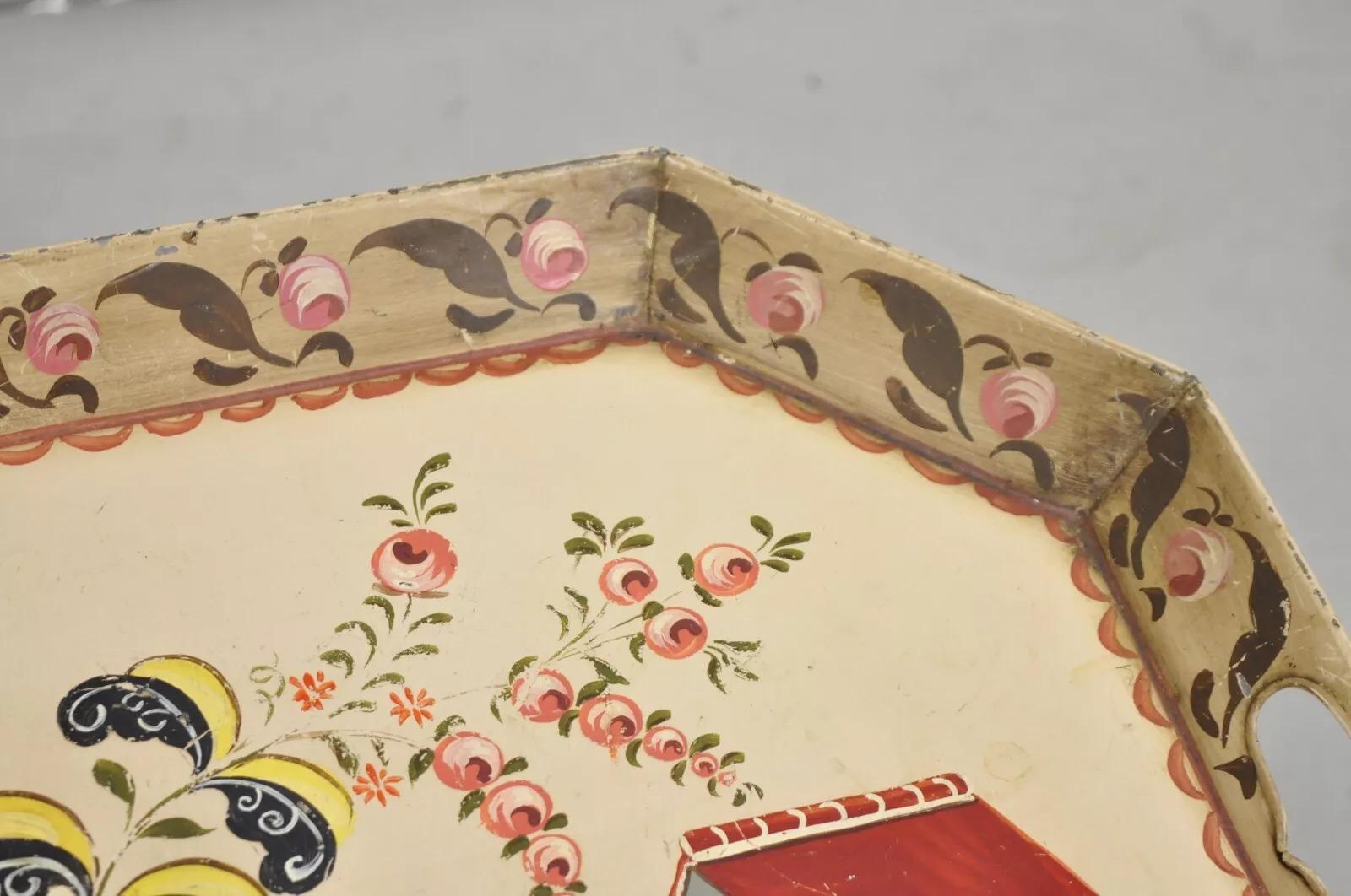 20th Century Vintage French Country Tole Metal Hand Painted Serving Platter Butler's Tray For Sale
