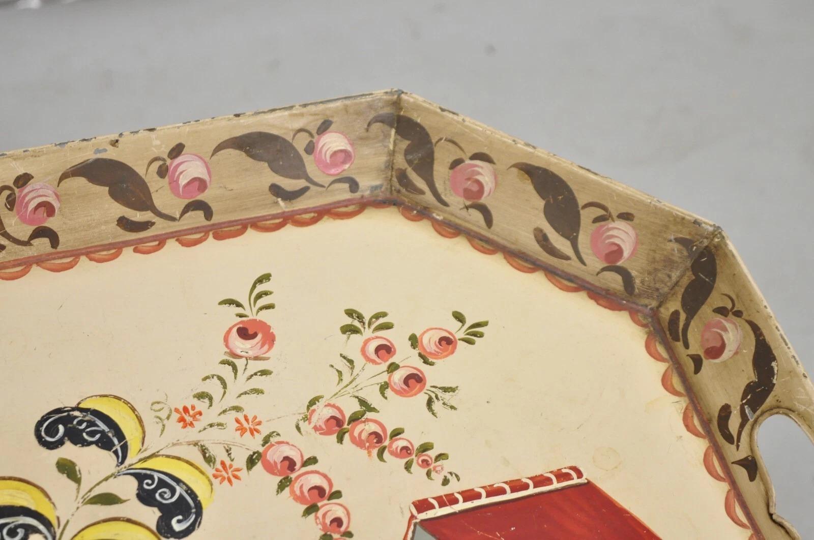 20ième siècle Vintage French Country Tole Metal Hand Painted Serving Platter Butler's Tray en vente