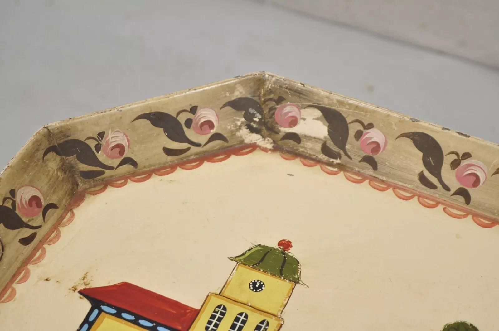 Vintage French Country Tole Metal Hand Painted Serving Platter Butler's Tray For Sale 1