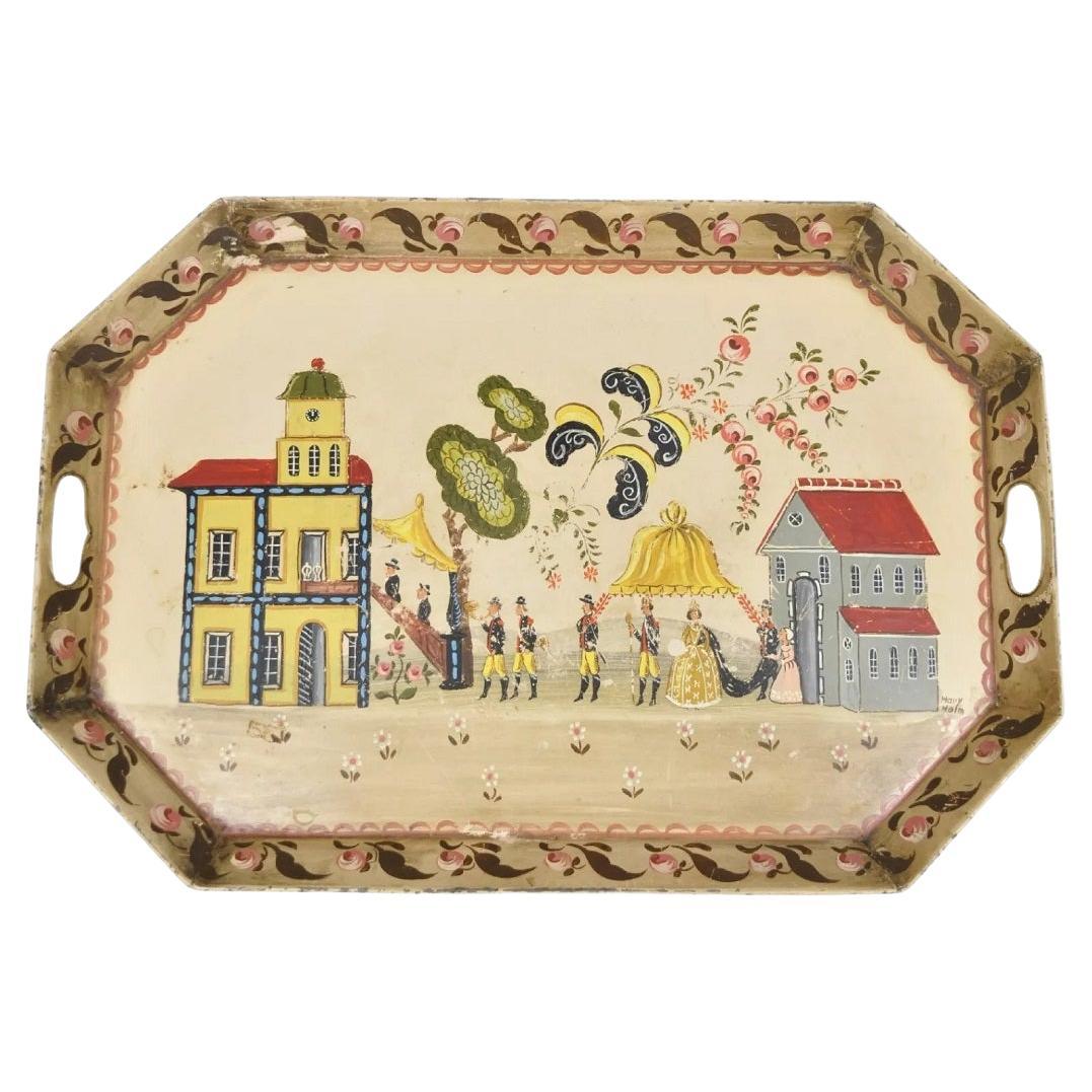 Vintage French Country Tole Metal Hand Painted Serving Platter Butler's Tray For Sale