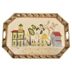 Vintage French Country Tole Metal Hand Painted Serving Platter Butler's Tray