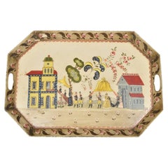 Vintage French Country Tole Metal Hand Painted Serving Platter Butler's Tray