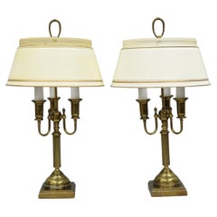 Vintage French Country Tole Metal Shade Brass Column Candelabra Table Lamps Pair