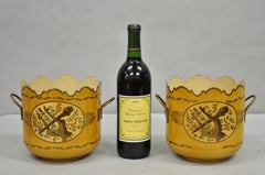 Vintage French Country Tole Metal Yellow Painted Cachepot Planter Vase - a Pair